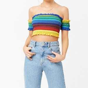 Color blocked smocked off-the-shoulder crop top
